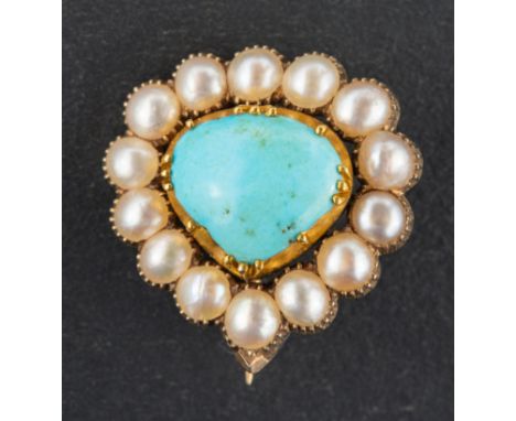 A 19th century, pear-shaped, cabochon-cut turquoise brooch, with mabe pearl surround, diameter of pearls ca. 3.5-3.8mms, leng
