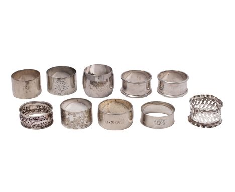 A Victorian plain silver serviette ring, maker Richard Sibley II, London 1869, six other rings (various designs, dates and ma