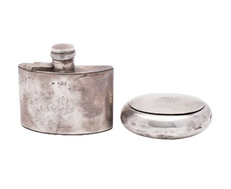 A George V silver oval tobacco box, makers A & J Zimmerman Ltd, Birmingham 1928, the hinged lid bearing Royal Artillery Crest