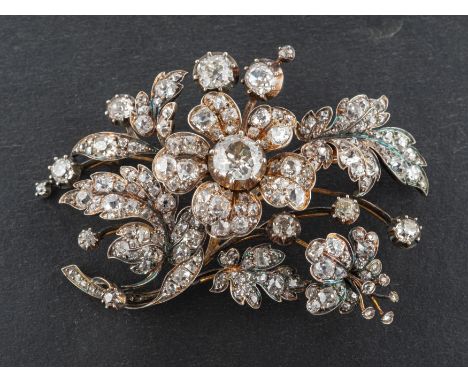 A 19th century old, single and rose-cut diamond spray brooch, estimated weight of principal diamond ca. 1.70cts, J-K colour, 