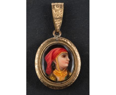 A 19th century, gold-plated, oval, locket pendant, inset with enamel portrait of orientalist woman in profile, total length c
