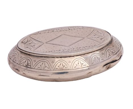 A George III Silver Snuff box, maker Samuel Pemberton, Birmingham 1798 of oval form, with wooden tapping block under, with en