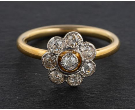 An 18ct gold, old-cut diamond flowerhead cluster ring, total estimated diamond weight ca. 0.55ct, I-J colour, SI1-2 clarity, 