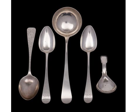 A George IV silver fiddle and thread pattern caddy spoon, maker Joseph Willmore, Birmingham 1821, a George III silver Old Eng