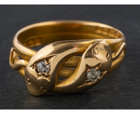 A late Victorian, 18ct gold, old-cut diamond, double ouroboros ring, total estimated diamond weight ca. 0.80ct, with hallmark