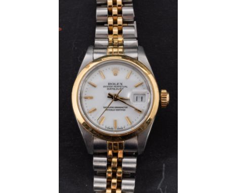 Rolex Datejust, a lady's two-tone wristwatch the white dial with raised baton numerals, baton hands, sweep seconds hand, date
