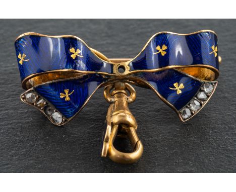 Antique Diamond and Blue Enamel Bow Brooch with DogClip for Charms