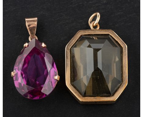 Two gemset pendants, including an octagonal, step-cut citrine pendant, estimated citrine weight ca. 38cts together with a pea