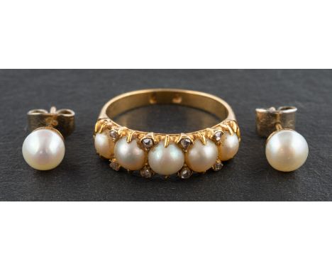 A mabe pearl, five-stone ring, with rose-cut diamond spacers, diameter of cultured pearls ca. 4.5-5.1mms, length of ring head