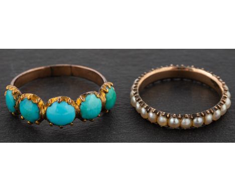 Two gemset rings, including a round, cabochon-cut turquoise, five-stone ring, length of ring head ca. 2cm, ring size M and a 