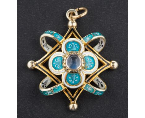 A 9ct gold, cabochon-cut moonstone, blue, white and black enamel pendant, with hallmarks for London, 1978, length (exl jump r