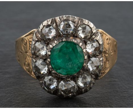 A 19th century foil backed, round, mixed-cut beryl and rose-cut diamond cluster ring, total estimated diamond weight ca. 0.60
