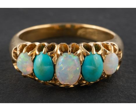 An oval, cabochon-cut opal and turquoise, five-stone ring, stamped '18CT', length of ring head ca. 2cm, ring size N, total we