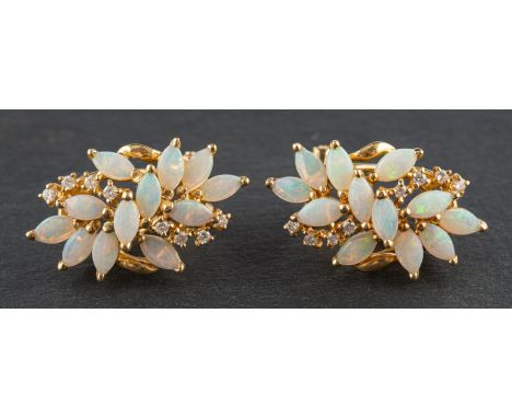 A pair of marquise-shaped, cabochon-cut opal and diamond earrings, stamped '18K', with post and clip fittings for pierced ear