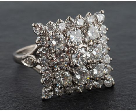 A 1970's 18ct gold, round, brilliant-cut diamond, square cluster ring, total estimated diamond weight ca.  3.4cts, H-I colour