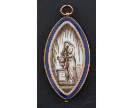 A Georgian, navette-shaped, mourning pendant, the grisaille on ivory ground depicting a lady beside an urn, under a weeping w