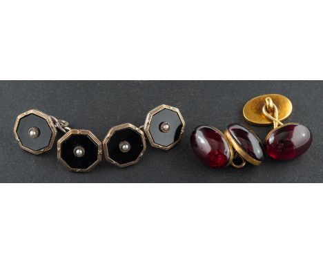 Two pairs of cufflinks, including a pair of octagonal onyx and seed pearl cufflinks, stamped '14CT & SILVER'; and a pair of o