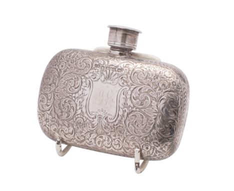 A Victorian silver hip flask, makers Josiah Williams &amp; Co., Edinburgh 1875 engraved with scrolling foliage and with blank