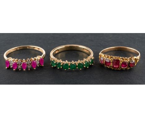 Three gemset rings, including a 9ct gold, round, mixed-cut emerald half-eternity ring, ring size O; a navette-shaped syntheti