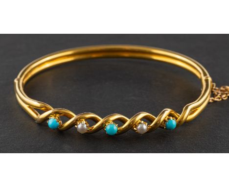 A mabe pearl and cabochon-cut turquoise hinged bangle, stamped '15', inner diameter ca. 5.8cm, total weight ca. 10.3gms.