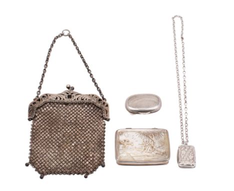 A Continental silver snuff box of rectangular shape, the hinged mother of pearl inset cover decorated with male and female fi