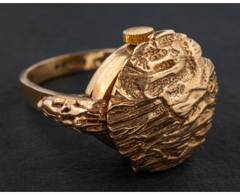 A 9ct gold Rotary watch cocktail ring, with bark-like textured hinged lid, with hallmarks for London, 1969, length of ring he