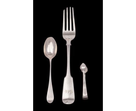 A mixed group of Glasgow silver to include;-  comprising: a table fork, maker J. Muir, 1843, a teaspoon, makers J. Muirhead &