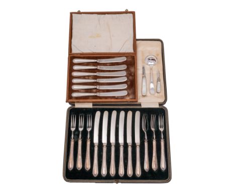 A quantity of Sheffield silver comprising: A set of six dessert knives and six matching forks, makers Mappin and Webb, Sheffi