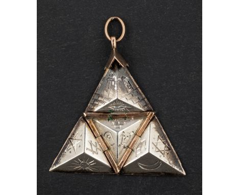 An opening, Masonic pyramid fob charm, length (exl jump ring) ca. 1.9cm, total weight ca. 2.9gms.