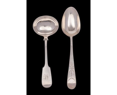 A George III silver bright cut tablespoon, maker Joseph Hicks, Exeter 1787 and a silver fiddle pattern sauce ladle, maker Tho