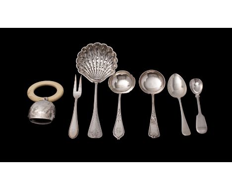 A child's teething ring with silver bell (hallmarks rubbed), also a Swiss silver 800 sugar sifting spoon, two cream ladles, p