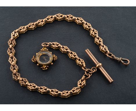 A fancy-link Albert watch chain with a compass fob, T-bar and dog clip, the dog clip and compass fob stamped '9C', total leng
