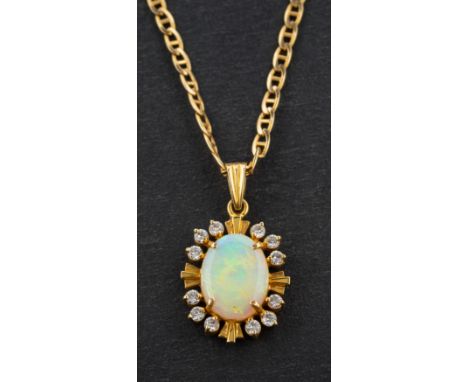 A white paste and cabochon-cut opal cluster pendant, stamped '14K', length ca. 2.3cm, together with an anchor-link chain, wit