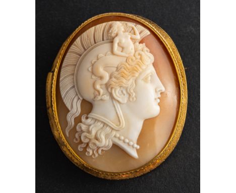 A cameo shell brooch, depicting a goddess wearing a plumed helmet with a mermaid, possibly Atargatis, total length ca. 4.3cm,