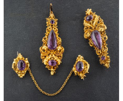 A pear-shaped, round and oval mixed-cut amethyst  pendant and three brooches, with foliate cannetille decoration, length of p