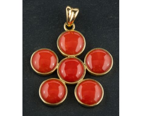 A late 20th century, Italian, cabochon-cut coral, cinquefoil, pendant, with Italian control marks for 18ct gold, total length