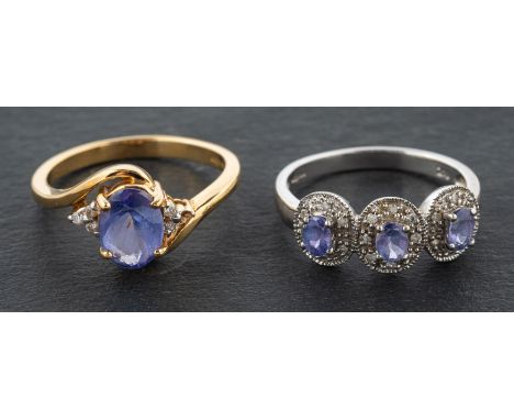 Two oval, mixed-cut tanzanite and diamond rings, including an 18ct gold ring, estimated tanzanite weight ca. 1.25ct; and a 14