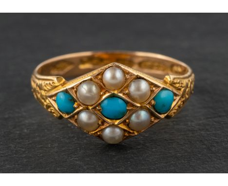 A Victorian, 15ct gold, turquoise and seed pearl cluster ring,  with hallmarks for Birmingham, 1900, length of ring head ca. 