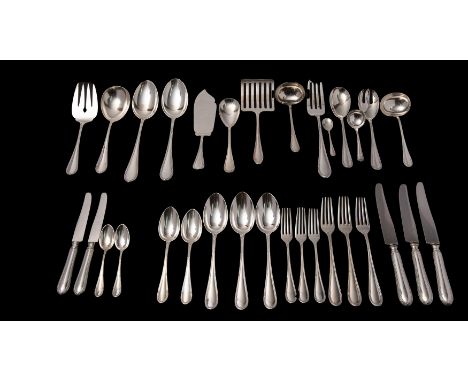 An extensive Swiss silver 800 standard reed and ribbon pattern flatware service, comprising:Eighteen table forks, eleven dess