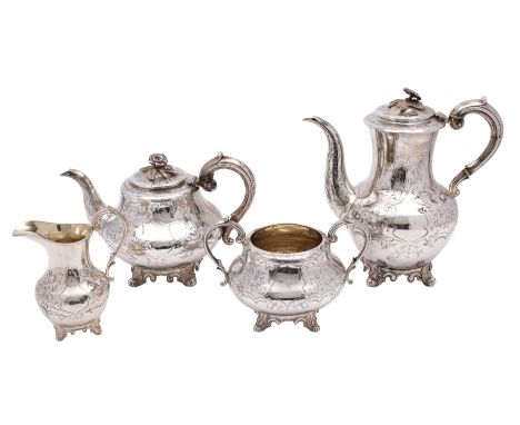 A Victorian silver four-piece tea and coffee service, makers Richard Pearce and George Burrows, London 1846 of circular form 