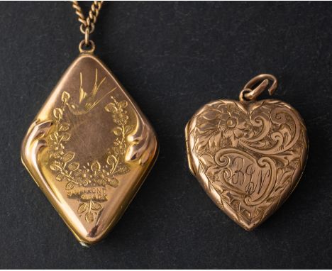 Two locket pendants, including a 9ct gold heart-shaped locket pendant with foliate engraving and a lozenge-shaped locket, sta