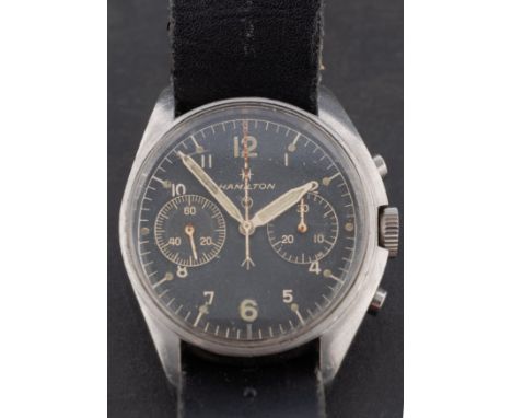 Hamilton a gentleman's stainless-steel Fab Four chronograph Pilot wristwatch the black dial with luminous dots and Arabic hou