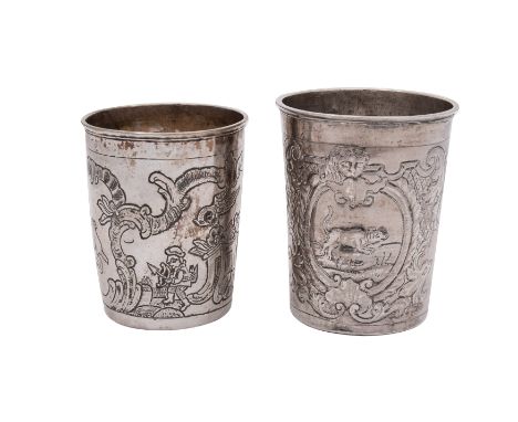 18th Century Russian Beakers -  A Rococo repousse beaker with lion's heads over two vignettes of stag hunting ,  Moscow 1749,