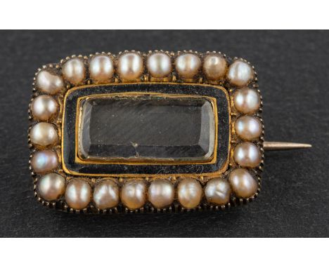 A 19th century mourning brooch, the glass centrepiece with black enamel and seed pearl surround, total length ca. 2.5cm, tota