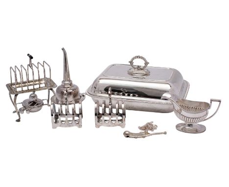 An assortment of plated items to include a seven bar toast rack on a stand with spirit lamp, a wine funnel, a boatswain's whi