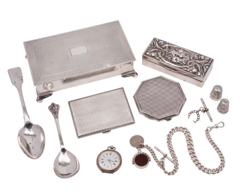 A mixed collection of silverwares, various makers and dates: to include a cigarette box with engine turned cover, Birmingham 