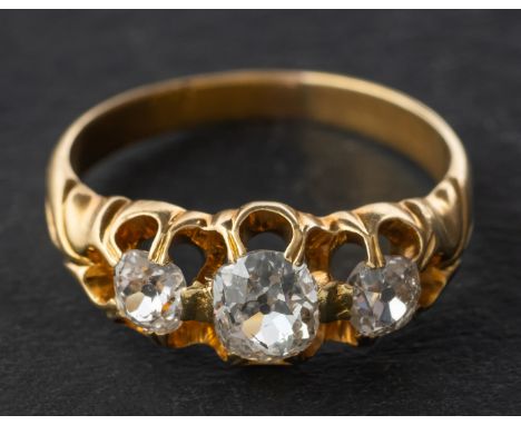 An old-cut diamond, three-stone ring, total estimated diamond weight ca. 0.75cts, H-I colour SI1-2 clarity, length of ring he