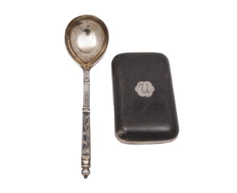 A late 19th Century Russian Niello snuff box and snuff spoon the box with piano hinge marked to cartouche to top in modern cu