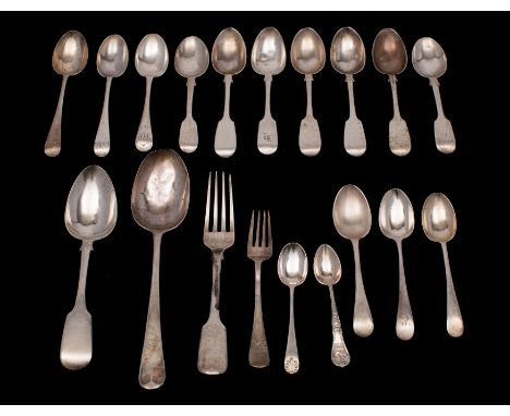 An assortment of silver cutlery including a set of four Victorian Fiddle pattern teaspoons, makers Josiah Williams &amp; Co,.