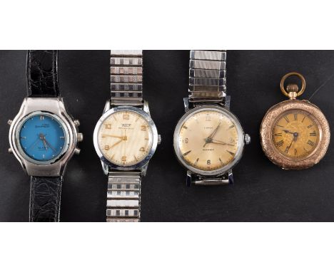 A 9ct gold fob watch, the fully engraved case stamped K9, with a brass inner cuvee, the dial with black Roman numerals and bl